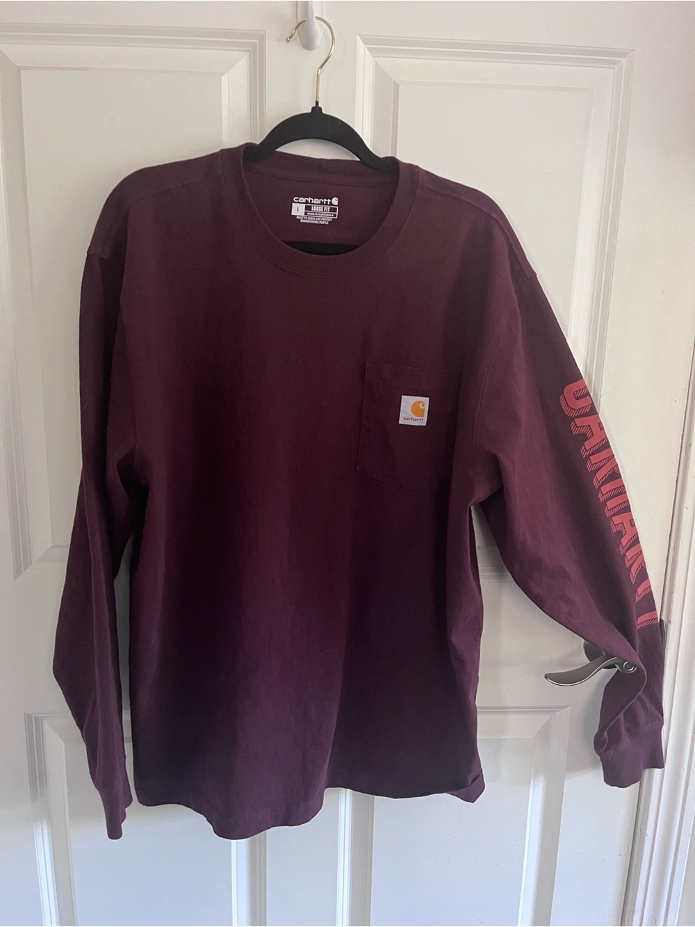 Carhartt Long Sleeve Pocket Tee in Burgundy with Sleeve Logo